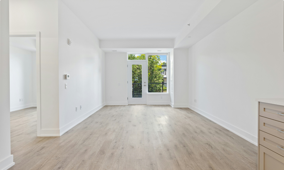 finished interior with new drywall and large glass doors