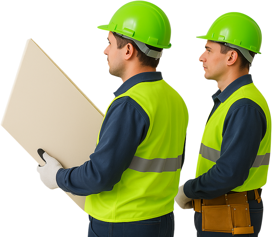 Two construction workers in safety gear carrying drywall panel — drywall repair tips every homeowner should know by Drywall Express Services.