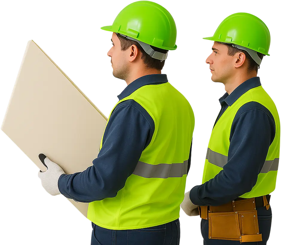 Two construction workers in safety gear carrying drywall panel — drywall repair tips every homeowner should know by Drywall Express Services.