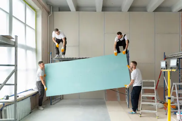 workers installing drywall sheets in a new building