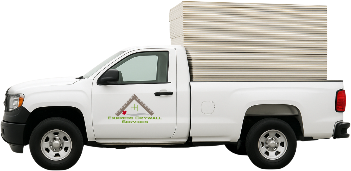 Express Drywall Services truck loaded with drywall sheets for commercial project delivery.