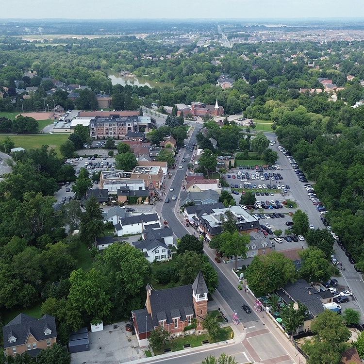 Aerial view of Markham, Ontario, highlighting the service area for Express Drywall Services offering drywall services Markham.