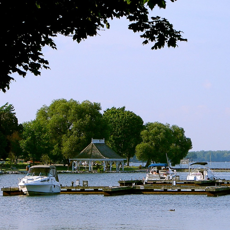 Boats docked in Orillia waterfront - a city served by drywall services Orillia from Express Drywall Services.