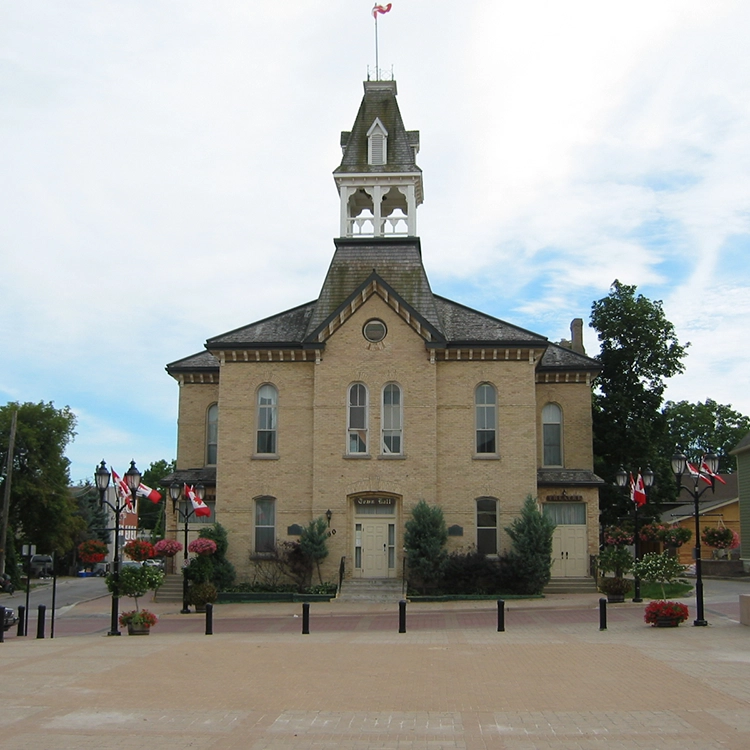 Historic Newmarket Town Hall, located in the area served by drywall services Newmarket from Express Drywall Services.