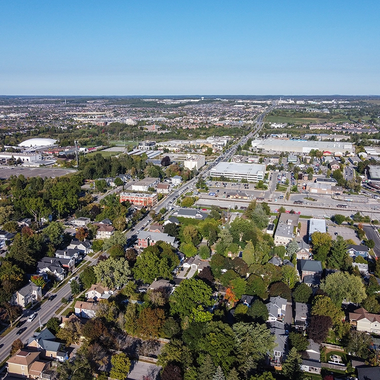 Aerial view of Aurora, Ontario - area covered by drywall services Aurora from Express Drywall Services.
