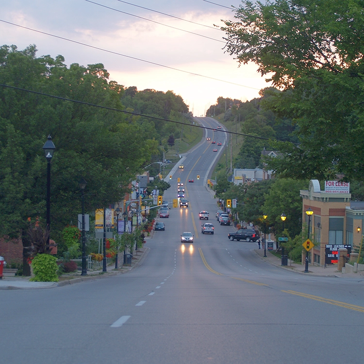 Evening view of downtown Bolton, Ontario - area served by Express Drywall Services for drywall services Bolton.