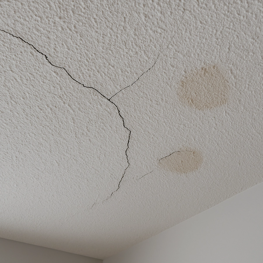 Ceiling cracks and water stains visible before popcorn ceiling removal by Express Drywall Services