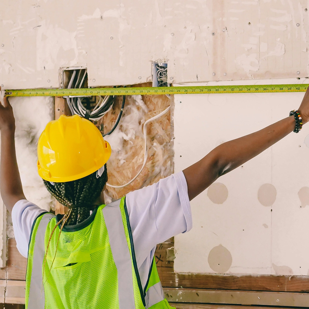 A Express Drywall Services technician takes measurements during interior prep for insulation installation and stickpin insulation.