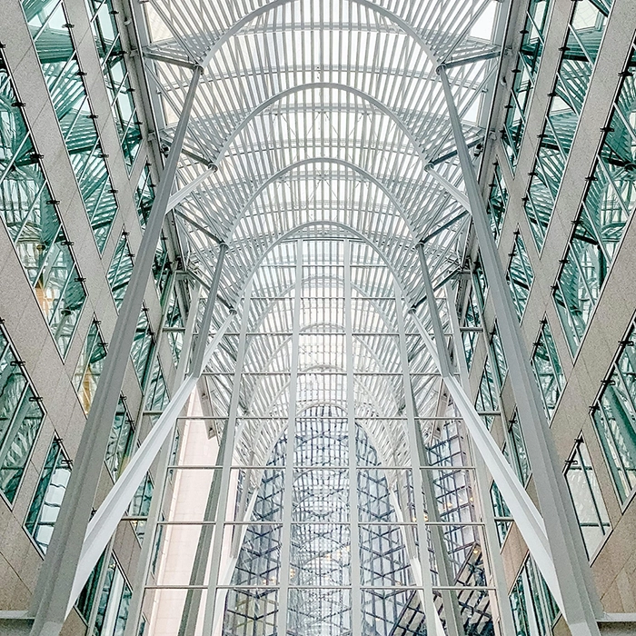 Modern atrium space constructed with precision light-gauge steel commercial framing systems by Express Drywall Services.