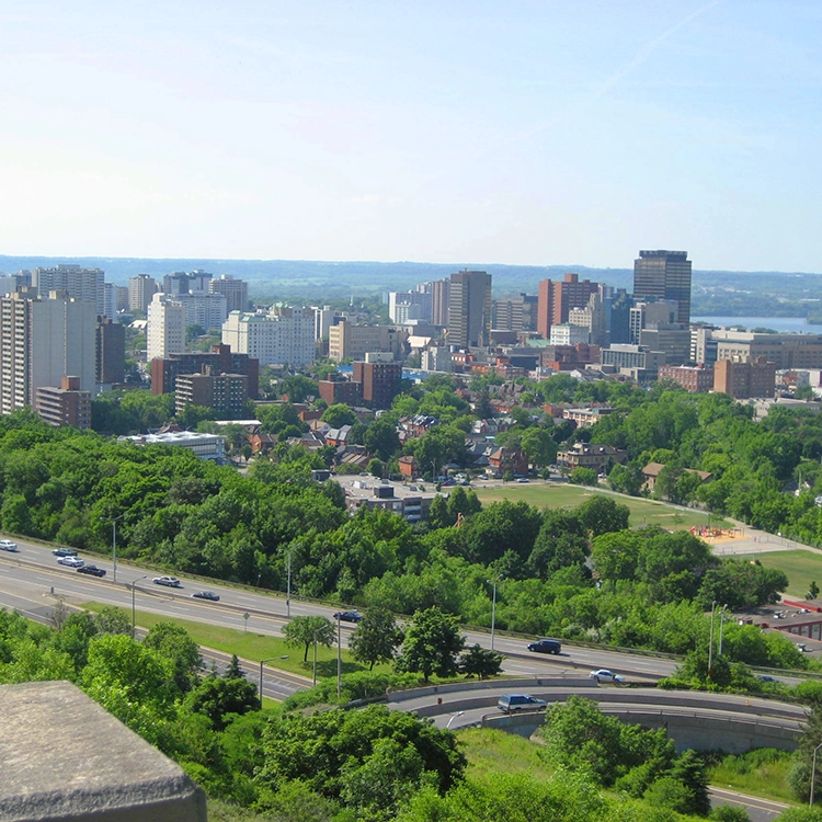 Cityscape of Hamilton, Ontario, showing the service area for drywall services Hamilton by Express Drywall Services.