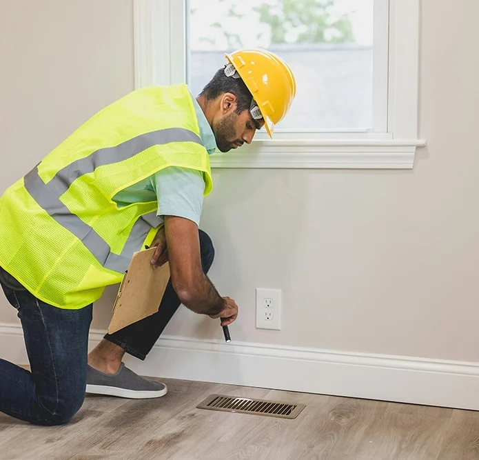 Contractor inspecting drywall near outlet - professional drywall services Milton by Express Drywall Services.