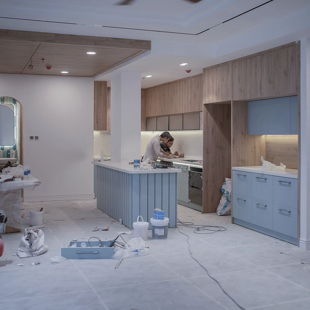 Kitchen under renovation with commercial fire-resistant drywall installation by Express Drywall Services