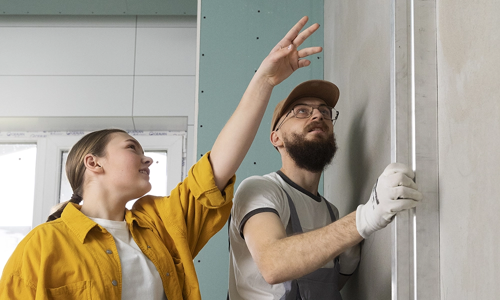 Drywall professionals measuring wall alignment - expert drywall services Nobleton by Express Drywall Services.