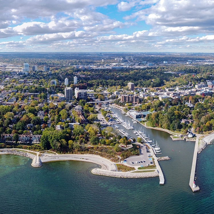 Aerial view of Oakville, Ontario waterfront - area served by Express Drywall Services for drywall services Oakville.