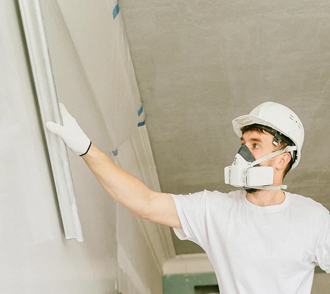 Drywall specialist smoothing a wall surface - expert drywall services Pickering by Express Drywall Services.