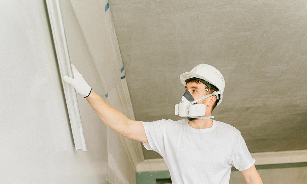 Drywall specialist smoothing a wall surface - expert drywall services Pickering by Express Drywall Services.