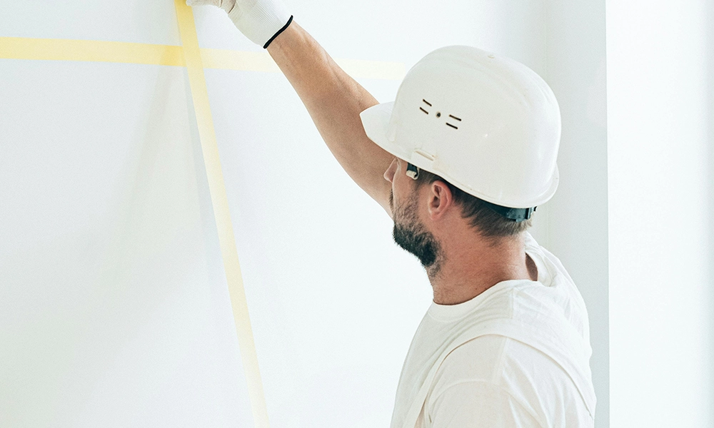 Worker applying masking tape for drywall prep - professional drywall services Whitby by Express Drywall Services.