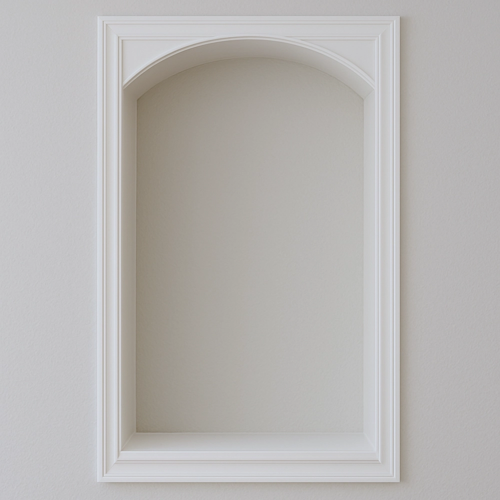 Recessed wall niche showcasing custom archways and designs by Express Drywall Services in a smooth white finish