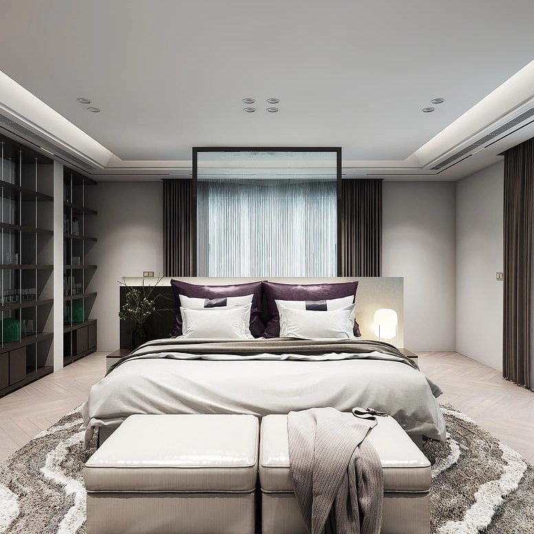 Smooth, modern ceiling in bedroom after popcorn ceiling removal by Express Drywall Services