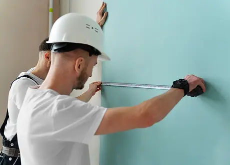 Measuring wall for commercial drywall installation by Express Drywall Services.