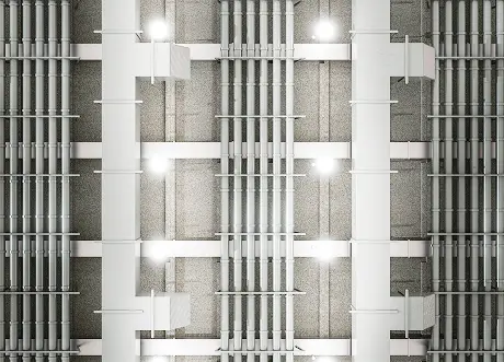 Overhead view of commercial shaft wall assembly with conduits
