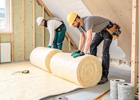 Two professionals unrolling insulation for commercial soundproofing by Express Drywall Services.