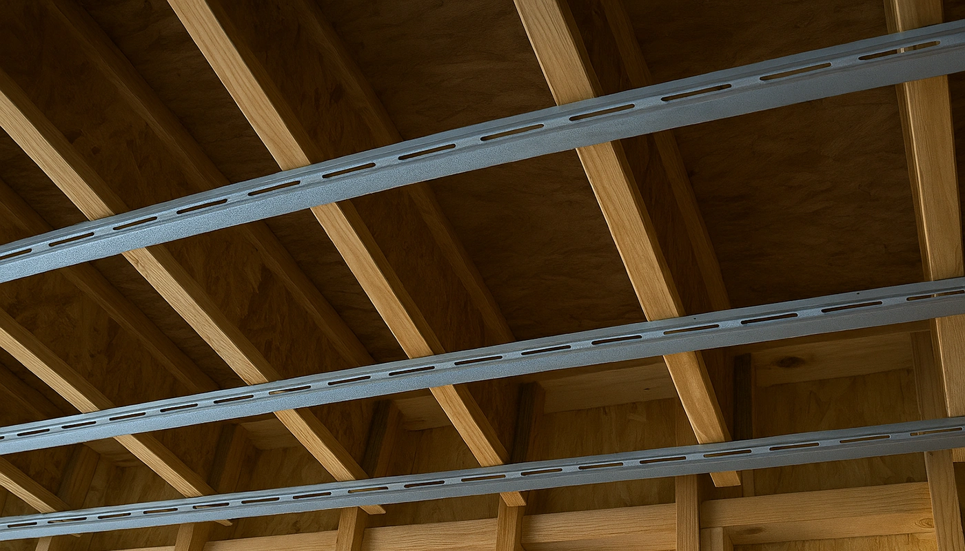 Framing and resilient channel installation in Toronto completed by Drywall Express Services for ceiling reinforcement.