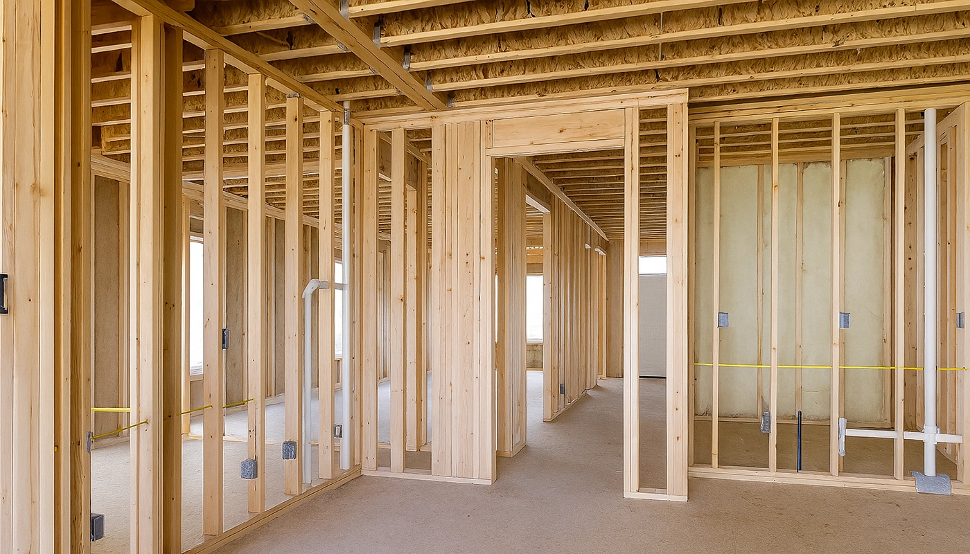 Full residential interior under construction, showing advanced wood framing in Toronto by Drywall Express Services.