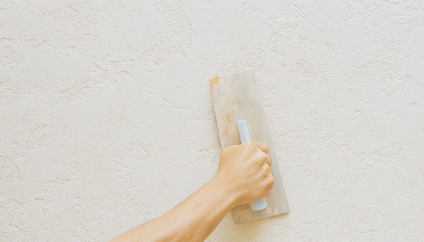 Hand applying plaster to a wall during texturing services in Toronto by Drywall Express Services.
