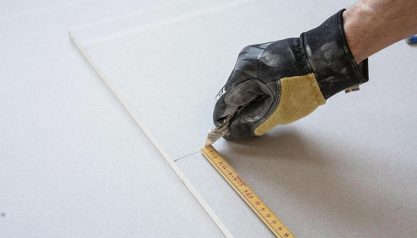 Close-up of a utility knife scoring drywall for fire-resistant drywall installation in Toronto by Drywall Express Services.