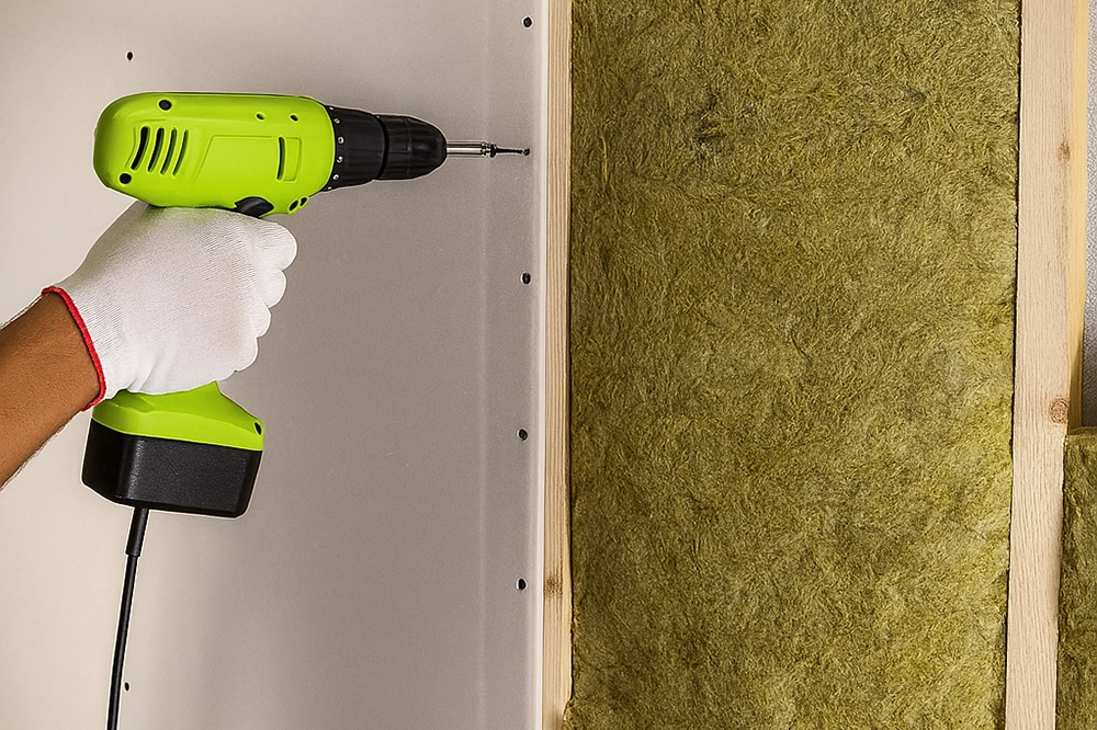 Power drill being used to secure drywall during insulation installation in Toronto by Drywall Express Services.