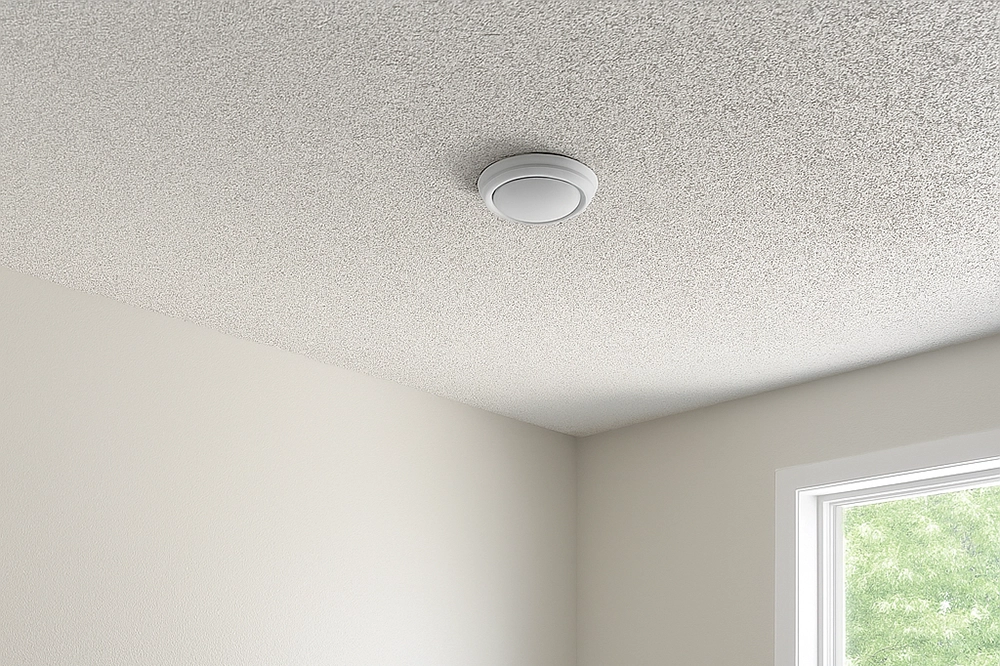 Room with a smoke detector and popcorn ceiling texture, a typical example for popcorn ceiling removal in Toronto by Drywall Express Services.