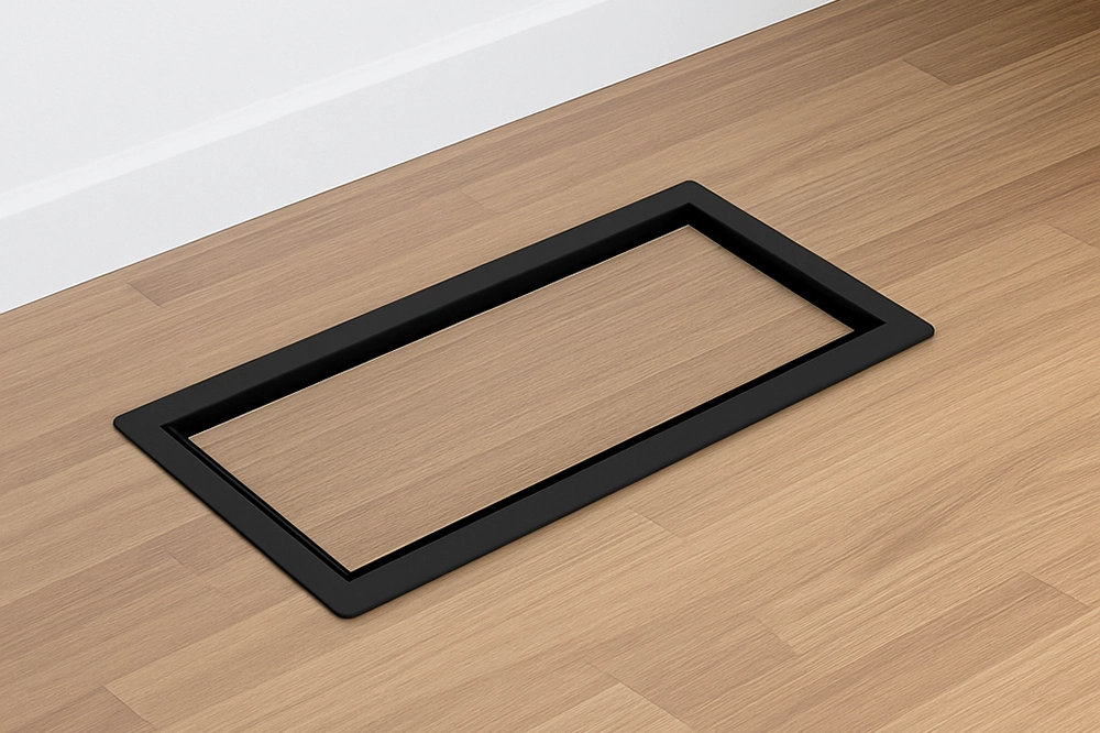 Black Aria floor vent elegantly embedded into light oak hardwood flooring.