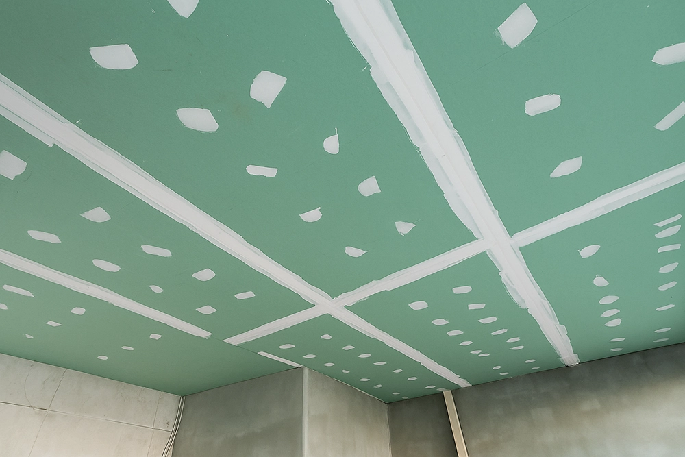Taped and mudded ceiling with green drywall panels — preparation step in moisture-resistant drywall installation and tile backer in Toronto by Drywall Express Services.