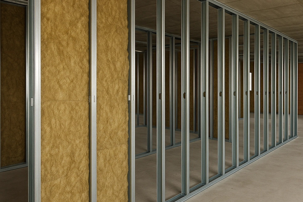 Metal stud framing with insulation installed for a new interior wall system, part of framing in Toronto by Drywall Express Services.