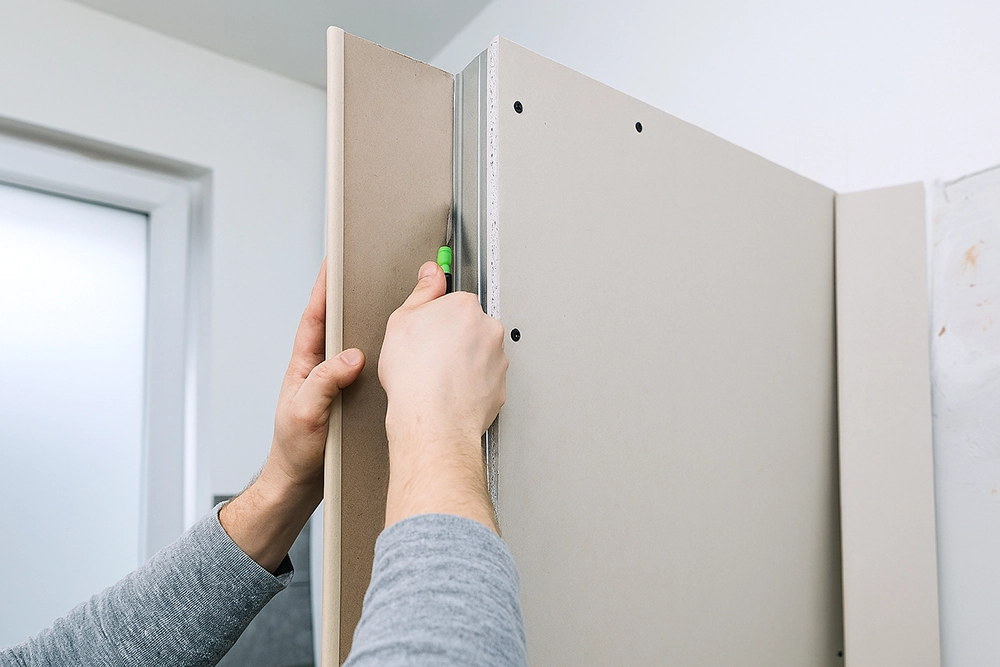 Worker using a power drill for drywall installation in Toronto by Drywall Express Services.