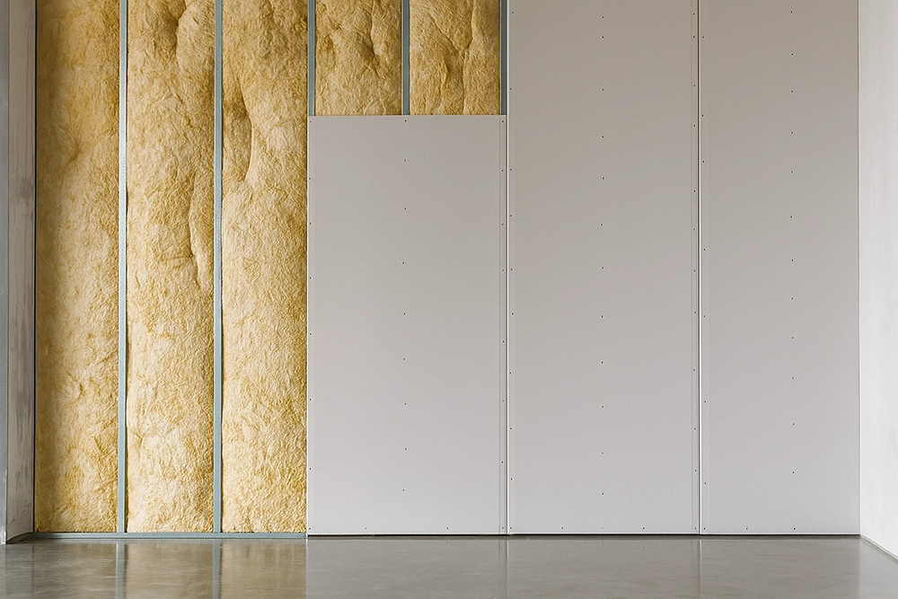 Wall section showing insulation partially covered with drywall during insulation installation in Toronto by Drywall Express Services.