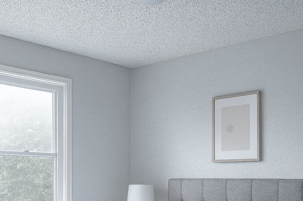 Bedroom corner with a popcorn-textured ceiling, ideal for popcorn ceiling removal in Toronto by Drywall Express Services.
