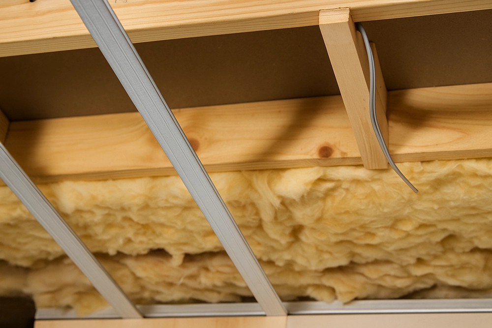 Resilient channel installation in Toronto with visible ceiling insulation layers by Drywall Express Services.