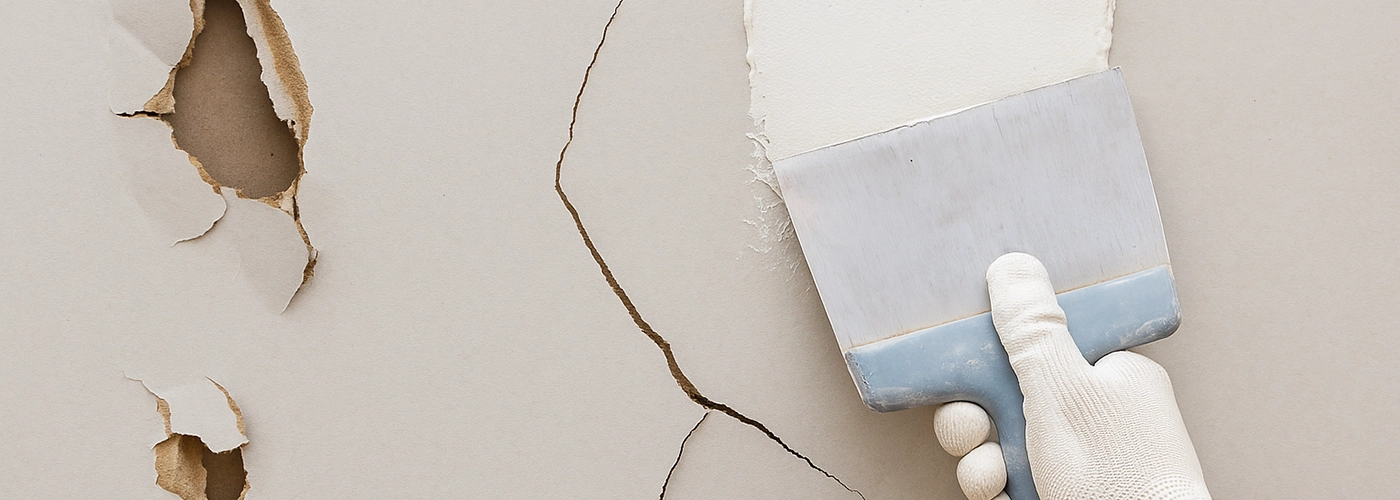 A close-up of a hand using a putty knife to repair a cracked and damaged drywall surface – Drywall Repair Tips Every Homeowner Should Know by Express Drywall Services 