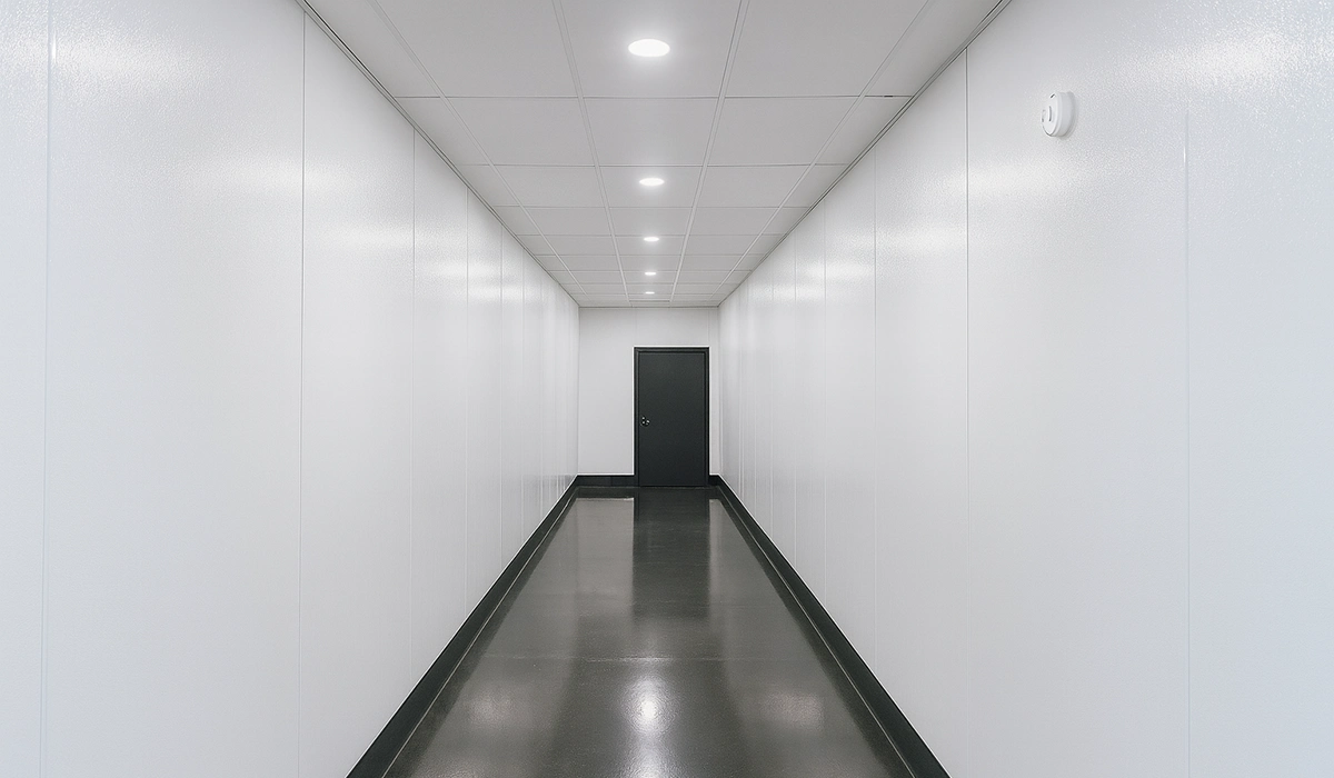 Clean hallway after FRP Installation in Toronto by Express Drywall Services with smooth white wall panels.