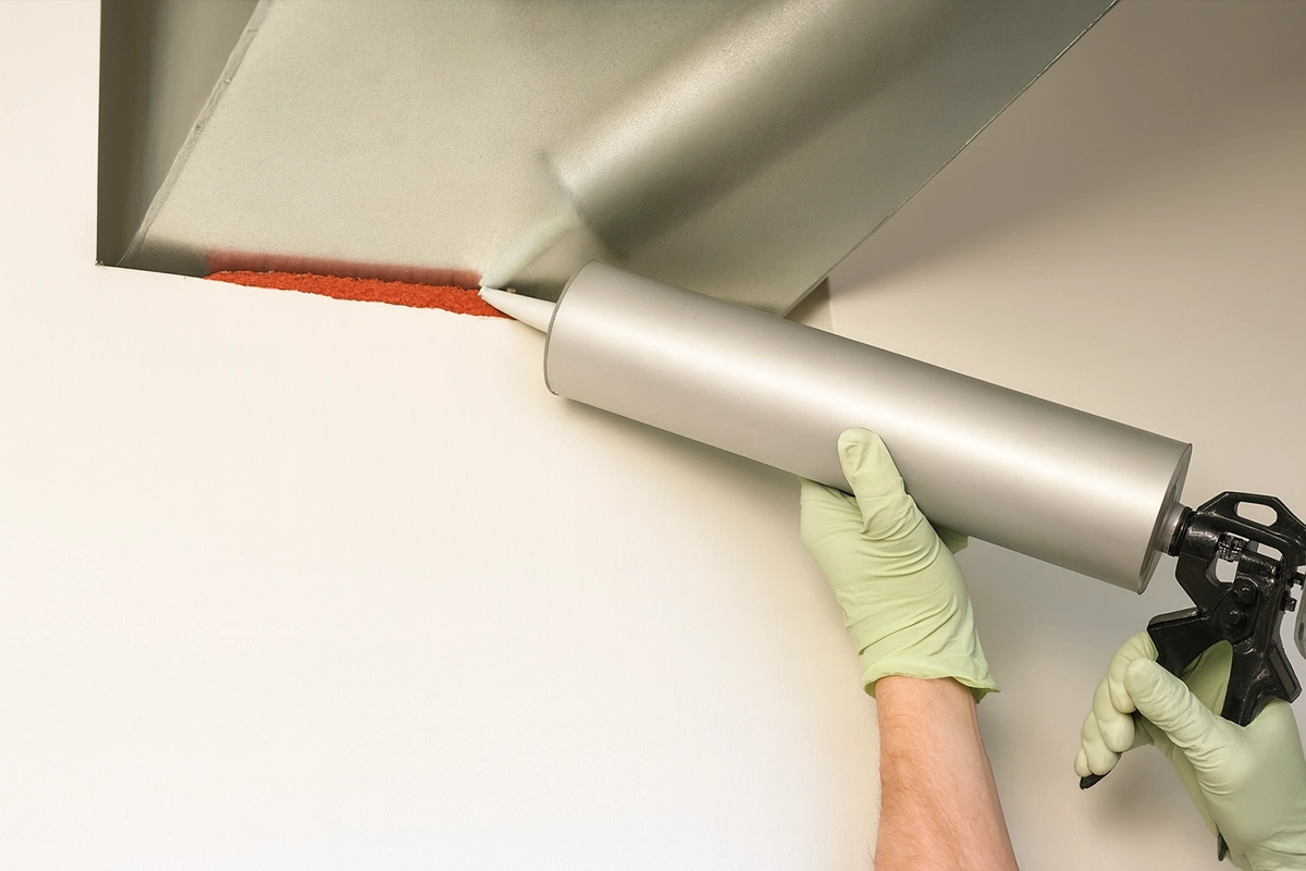 Applying firestop sealant to HVAC duct joint — Commercial Fire Caulking in Toronto by Express Drywall Services