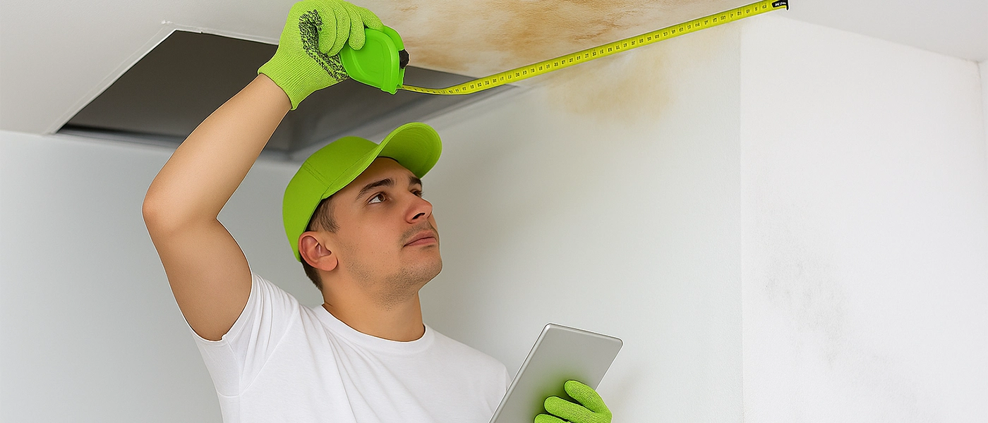 Worker inspecting water-damaged drywall ceiling with measuring tape and tablet – Express Drywall Services
