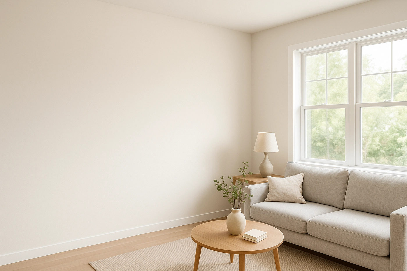 Freshly repaired drywall wall in a modern living room with natural sunlight – water-damaged drywall restoration by Express Drywall Services