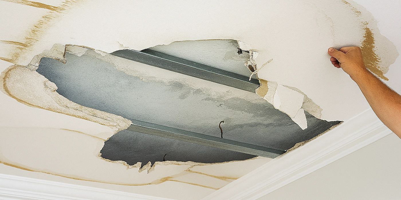 Worker inspecting water-damaged drywall ceiling with measuring tape and tablet – Express Drywall Services