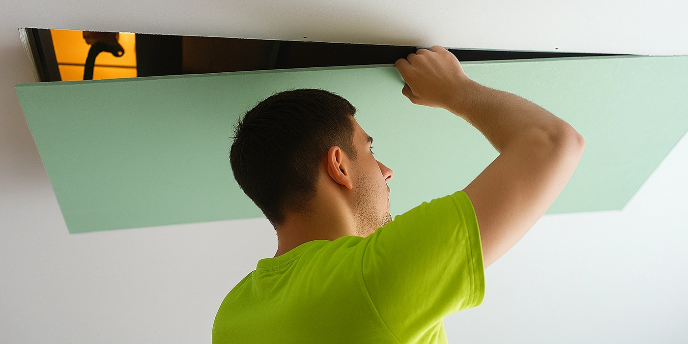 Contractor installing new green drywall panel to replace water-damaged drywall – Express Drywall Services