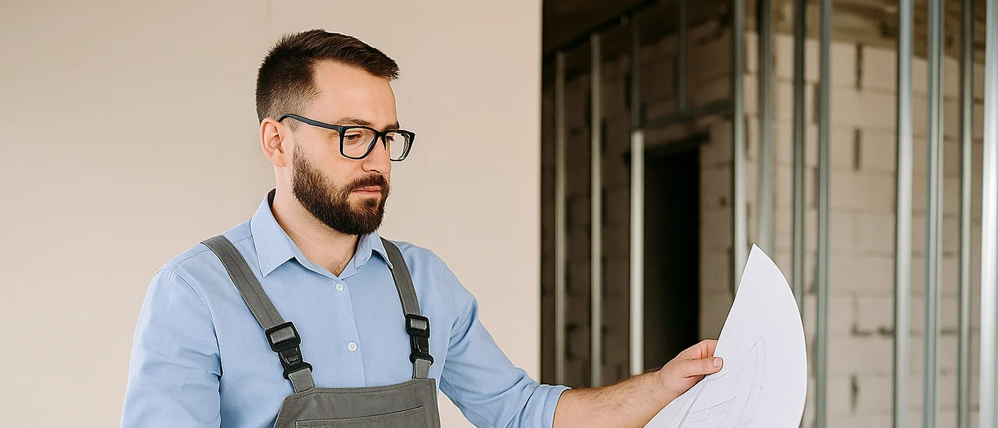A construction manager reviewing blueprints on-site, representing the importance of choosing the right framing and drywall partner with Express Drywall Services.