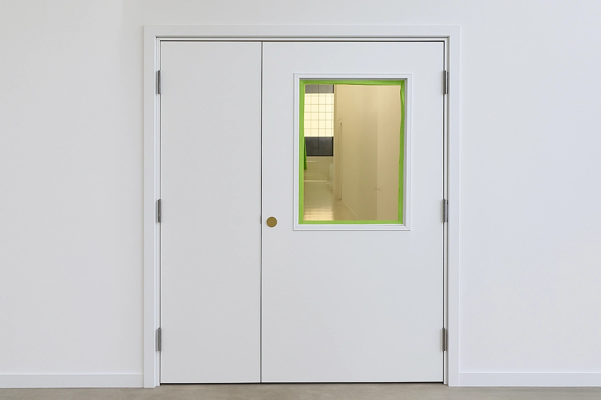 Commercial-grade double metal door with window installed by Express Drywall Services in Toronto.