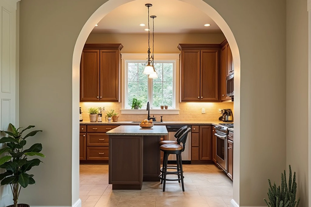 Modern kitchen with drywall archway and center island – Custom Archways and Designs in Richmond Hill by Express Drywall Services