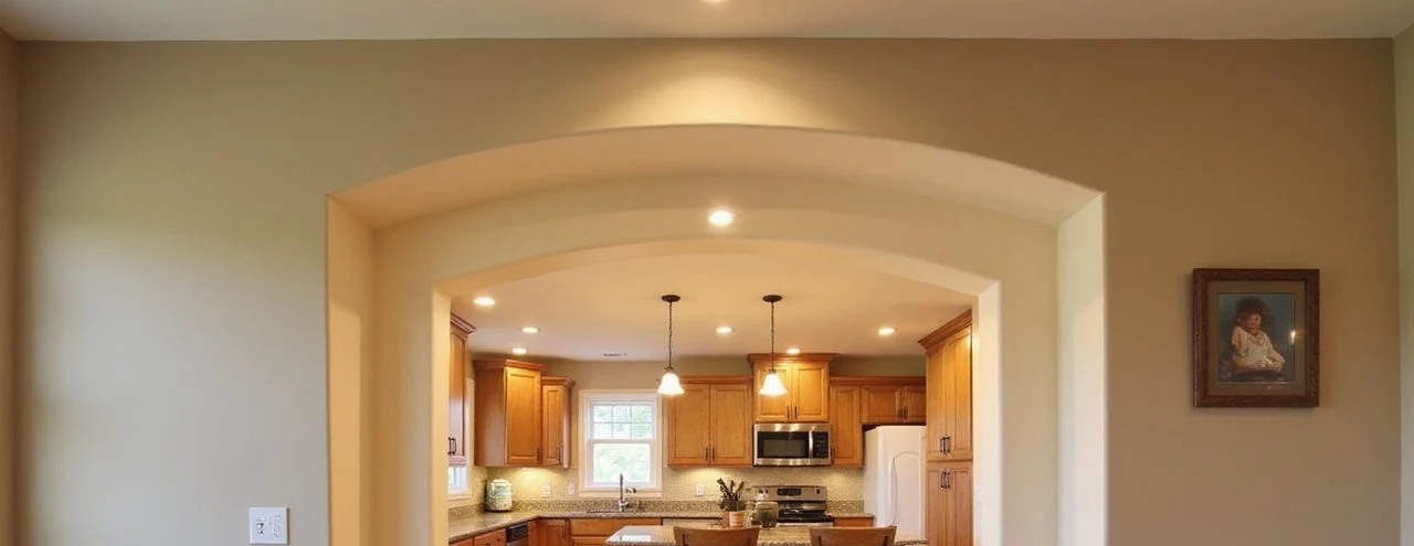 Open kitchen with custom drywall archway and wooden cabinets – Custom Archways and Designs in Richmond Hill by Express Drywall Services